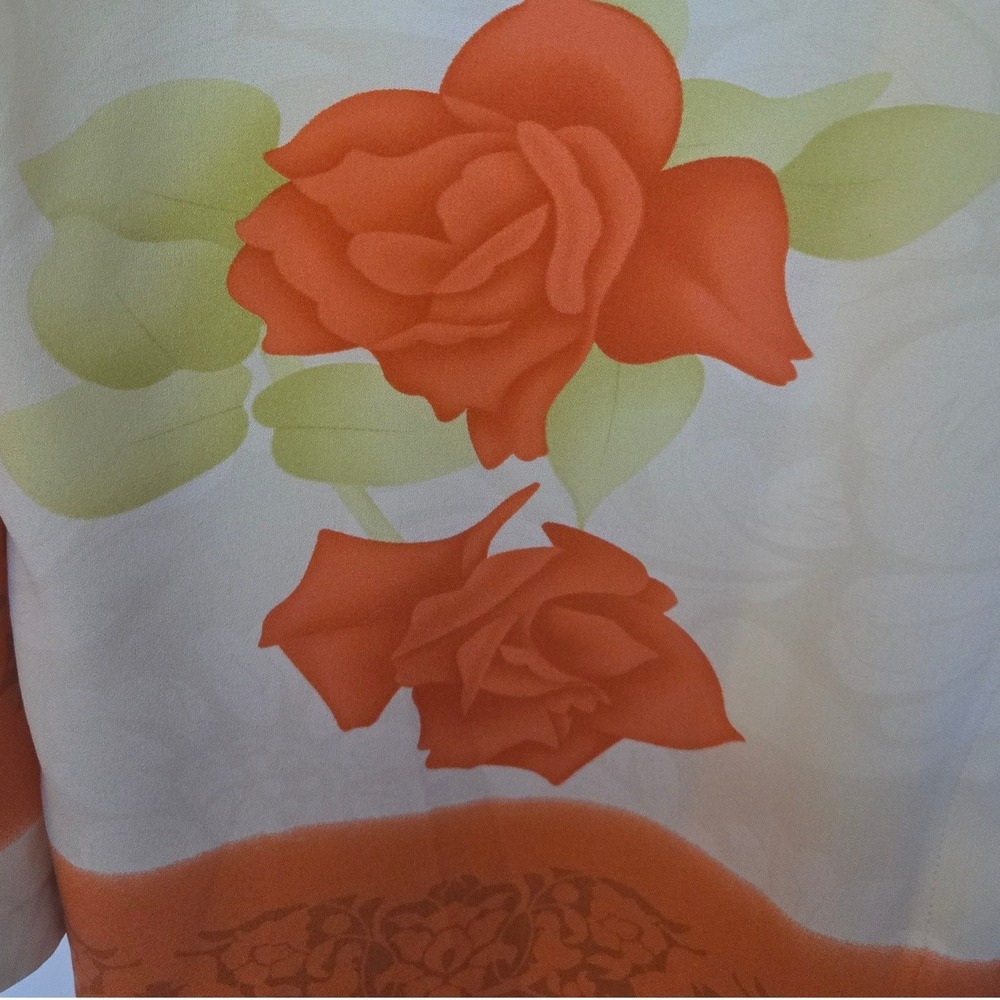 Harari 100% Silk Floral Blouse Hidden Button Cream Orange Size L - Picture 9 of 16